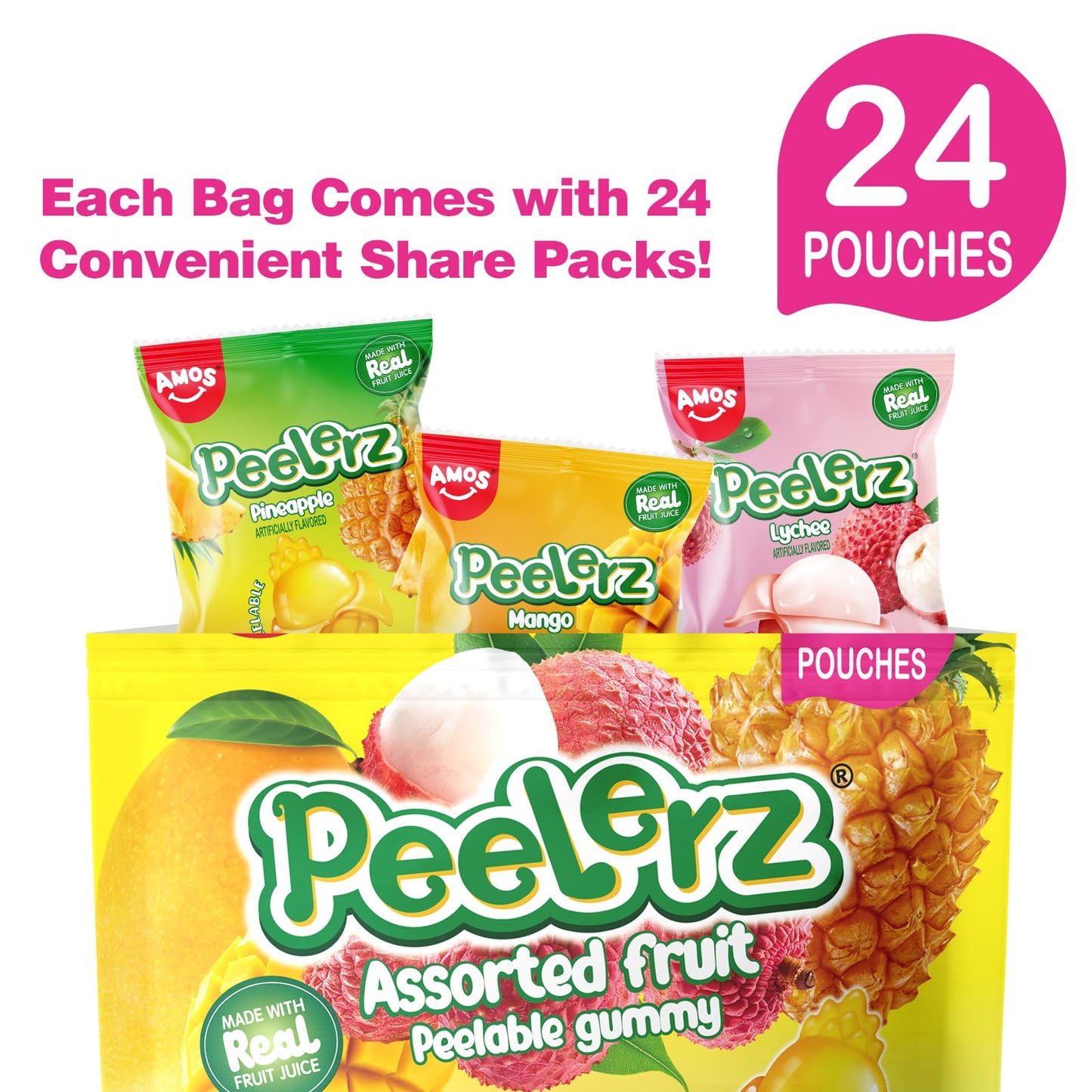 Amos Peelerz Assorted Peelable Gummy - Tropical Peeling Candy Variety Pack | Mango, Lychee & Pineapple | 24 Individual Packs (60