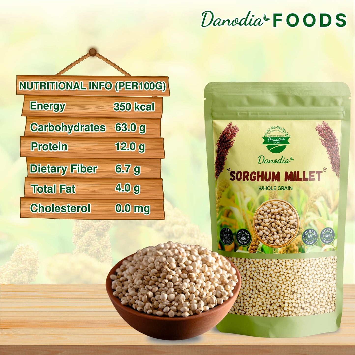 Danodia Foods Natural Unpolished White Sorghum Millet - Gluten Free, Rich in Fiber, Protein & Iron, 950g/2lbs