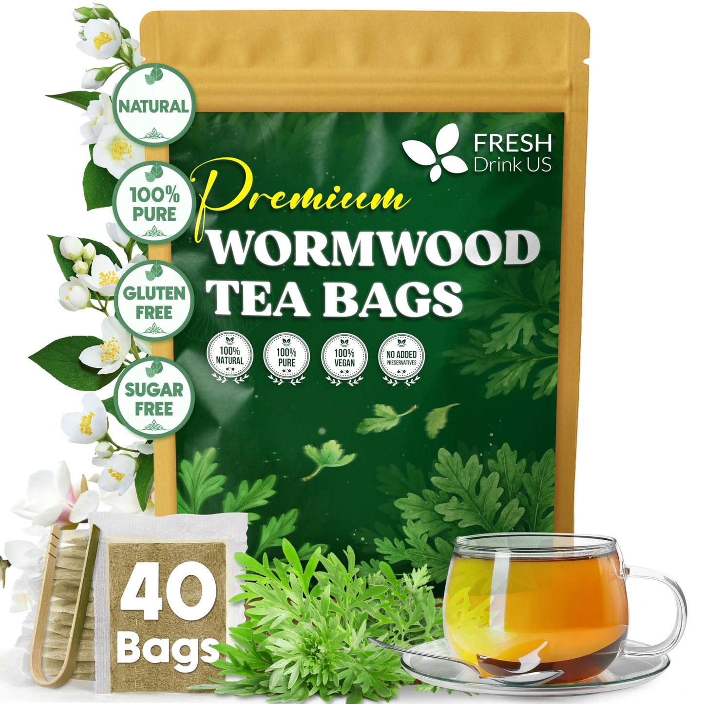 Freshdrinkus  Top-Grade Wormwood Tea - 40 Tea Bags - Handcrafted Herbal Blend  Energy Blend-Free - Smooth Taste & Naturally Refreshing.