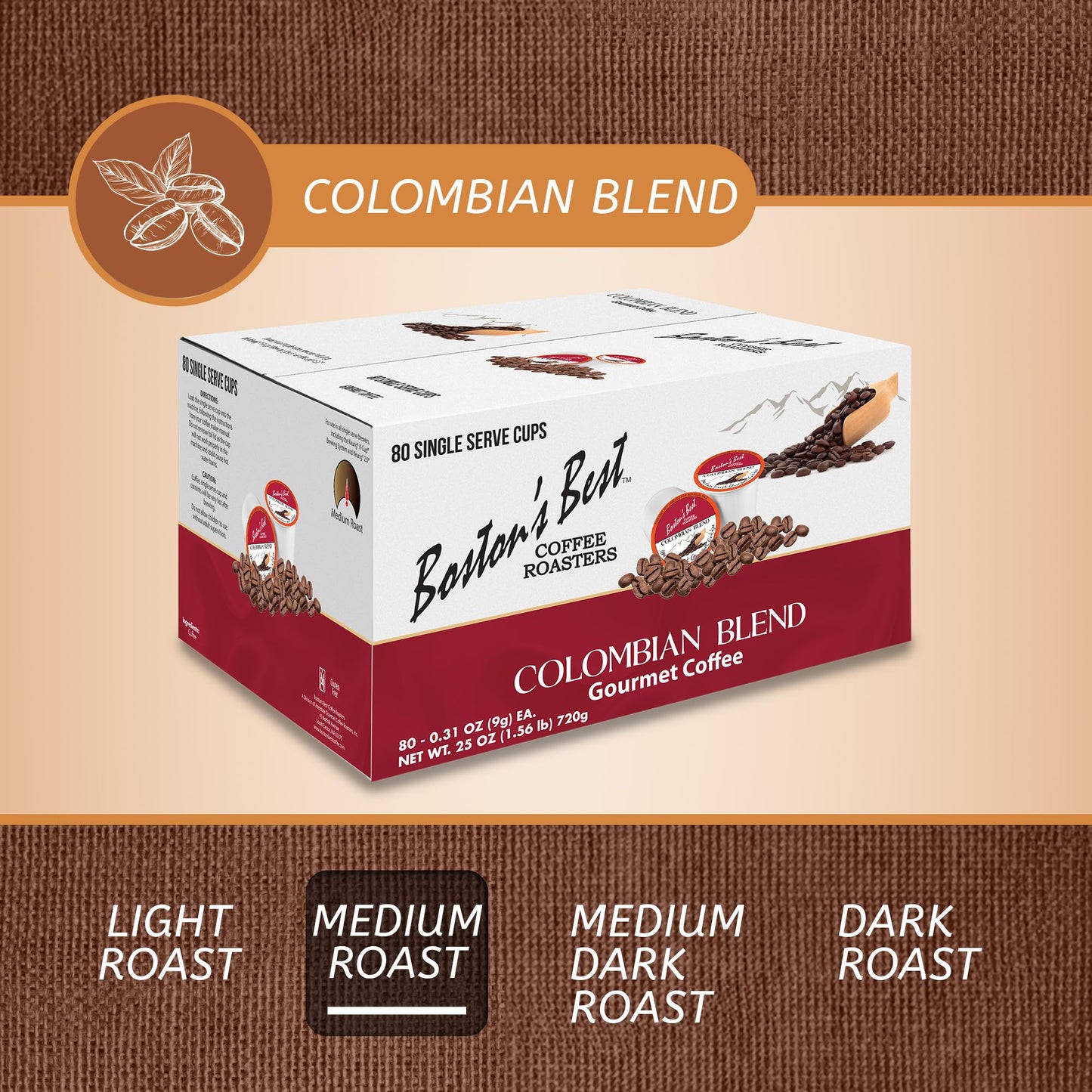 Bostons Best Colombian Blend Gourmet Coffee, Bold Medium Roast, 80 Single Serve Cups, Compatible with Keurig Coffee Maker, Black