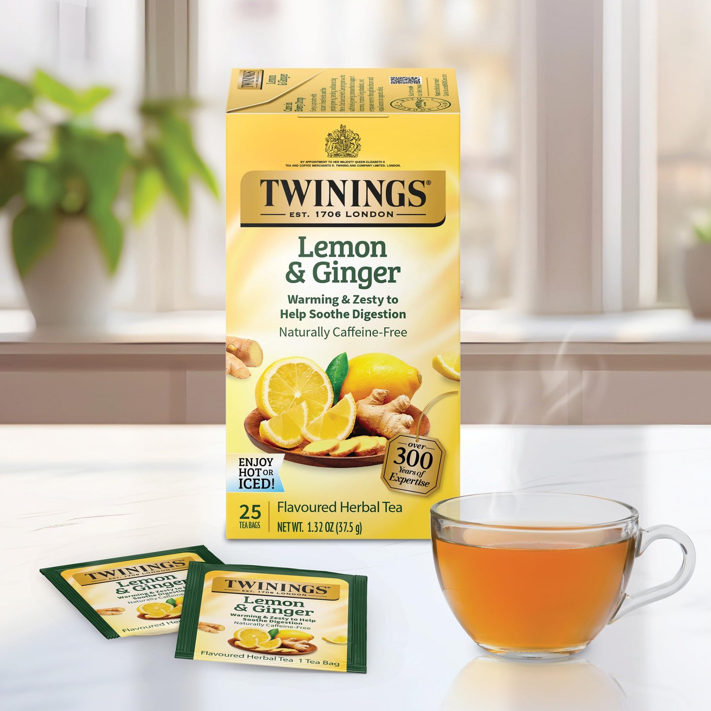 Twinings Lemon & Ginger Individually Wrapped Herbal Tea Bags, 25 Count (Pack Of 6), Spicy Ginger, Lemon Peel And Lemongrass, Enj