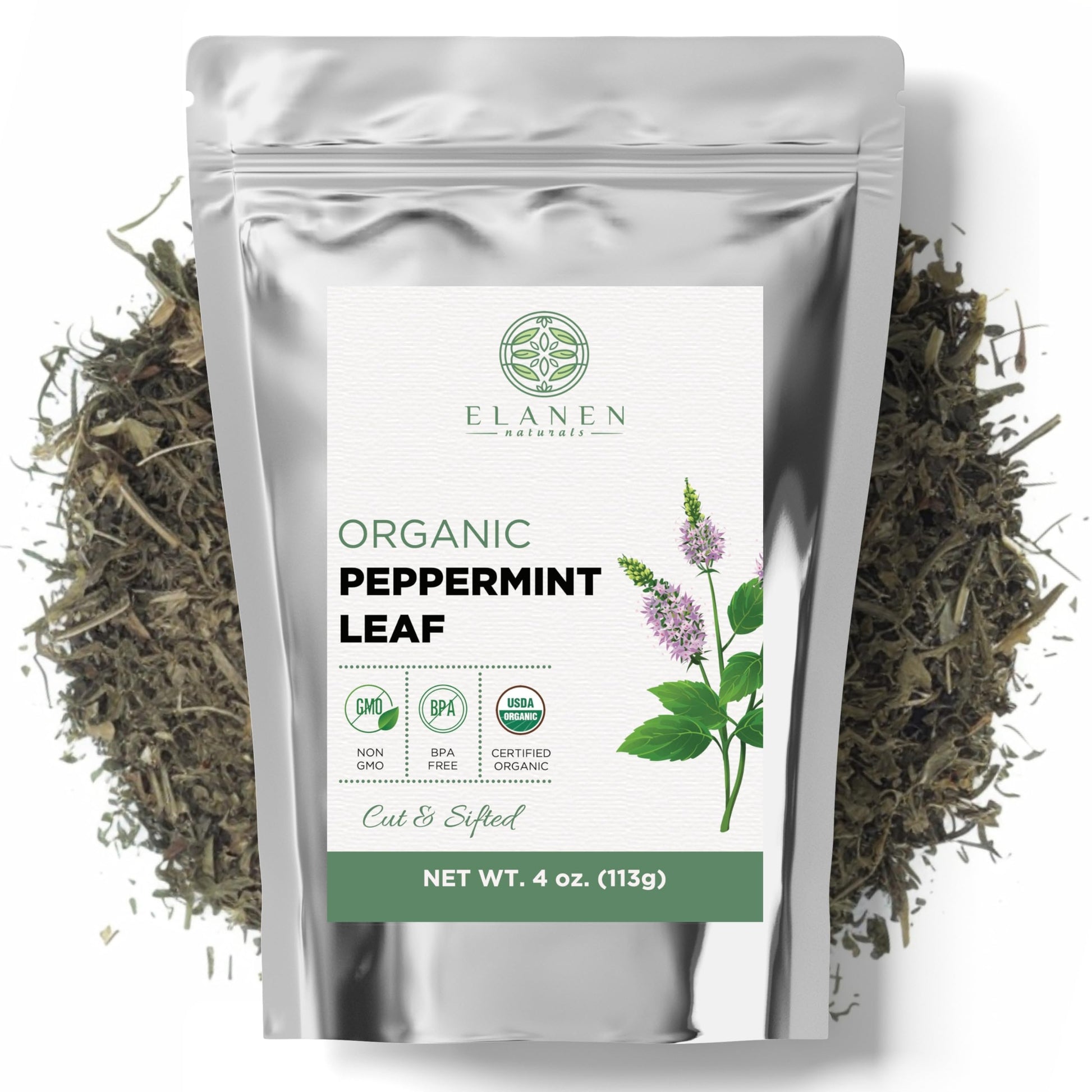 Elanen Naturals Organic Peppermint Leaves 4 Oz. (113G)  Usda Certified Organic Peppermint Tea Loose Leaf  Dried Mint  Dry Mint Tea Bulk  Cut & Sifted