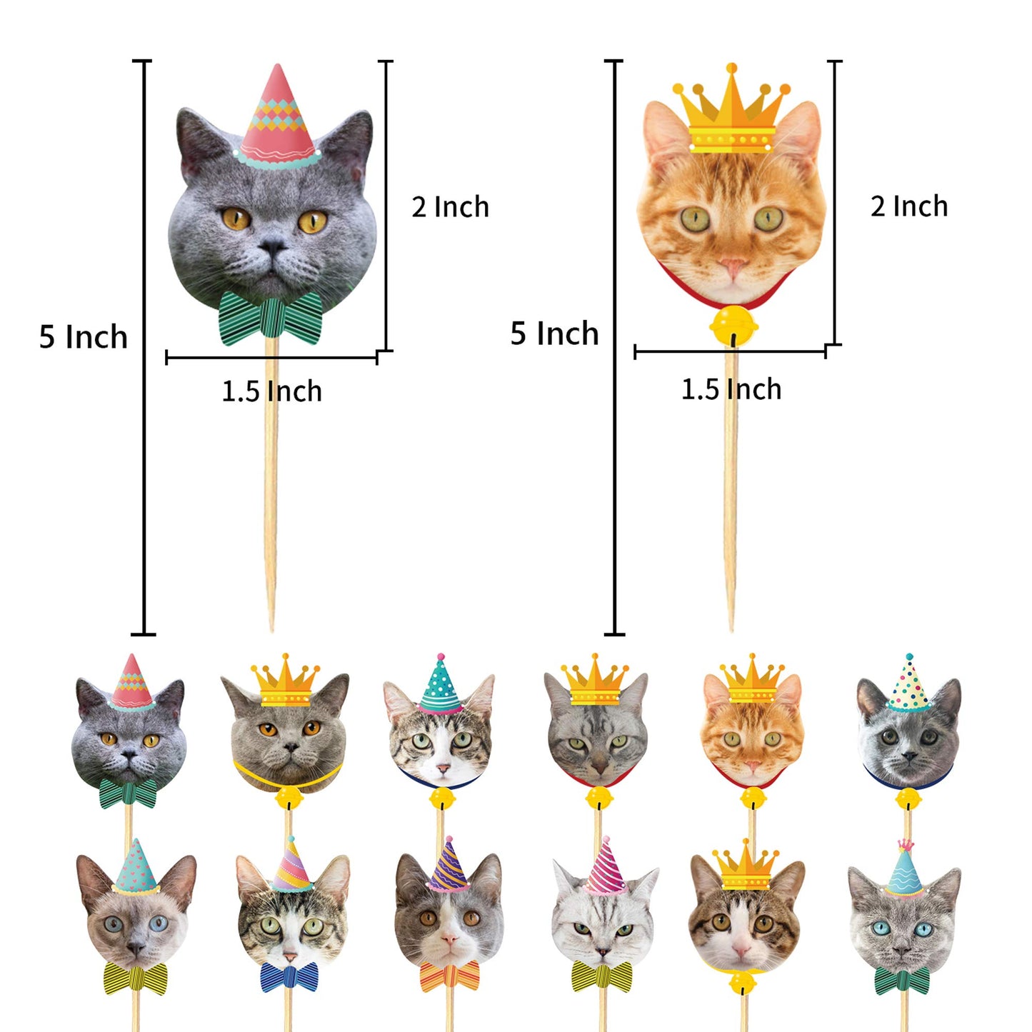 TSJ Cat Cupcake Toppers - 24PCS Paper Cake Decorations, Kitten Theme Stick Toothpicks, Party Supplies
