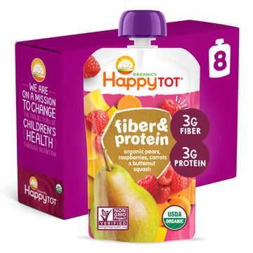 Happy Tot Organics Stage 4 Baby Food Pouches, Gluten Free, Vegan Snack, Fiber & Protein Fruit & Veggie Puree, Pears, Raspberries