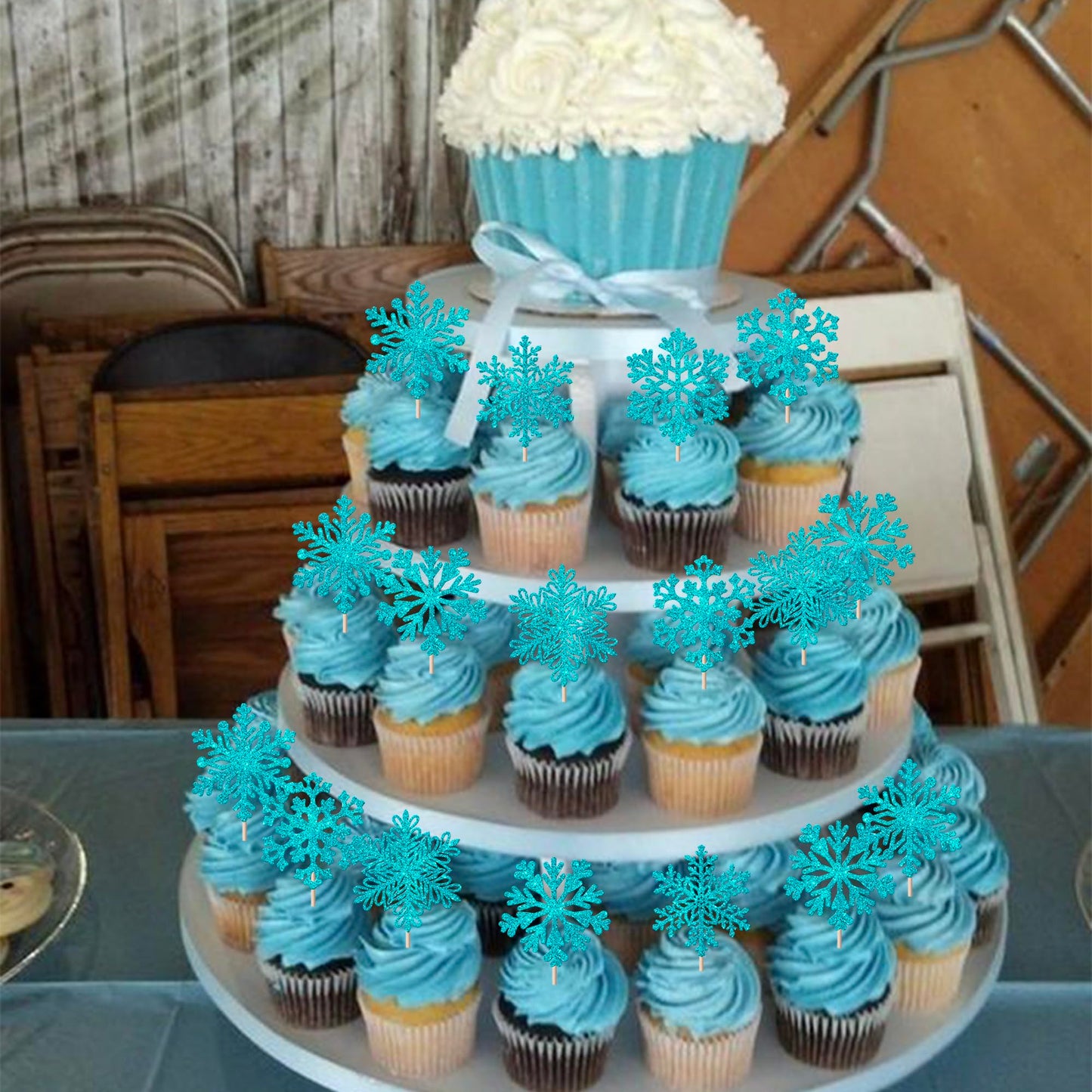 YCTHUNFISH Snowflake Cupcake Toppers, 24 Pack, Glitter Paper Decorations for Winter, Blue