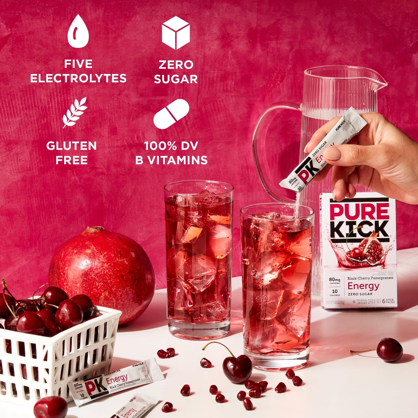 PURE KICK Energy Drink Mix, Black Cherry Pomegranate, 72 Packets, 12 Boxes with 6 Packets Each