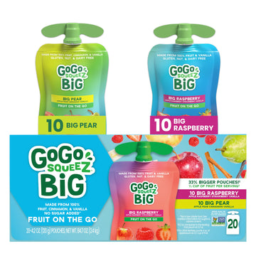 Gogo Squeez Big Variety Pack, Big Pear & Big Raspberry, 4.2 Oz. (Pack Of 20), Unsweetened Fruit Snacks For Kids, Gluten Free, Nu
