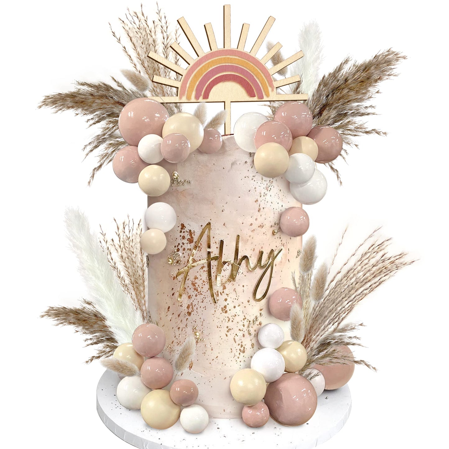 51 Pcs Boho Sun Wood Cake Toppers Mini Balls Cake Topper Various Dried Pampas Grass Cake Decor Bunny Tails Reed Grass White Pamp