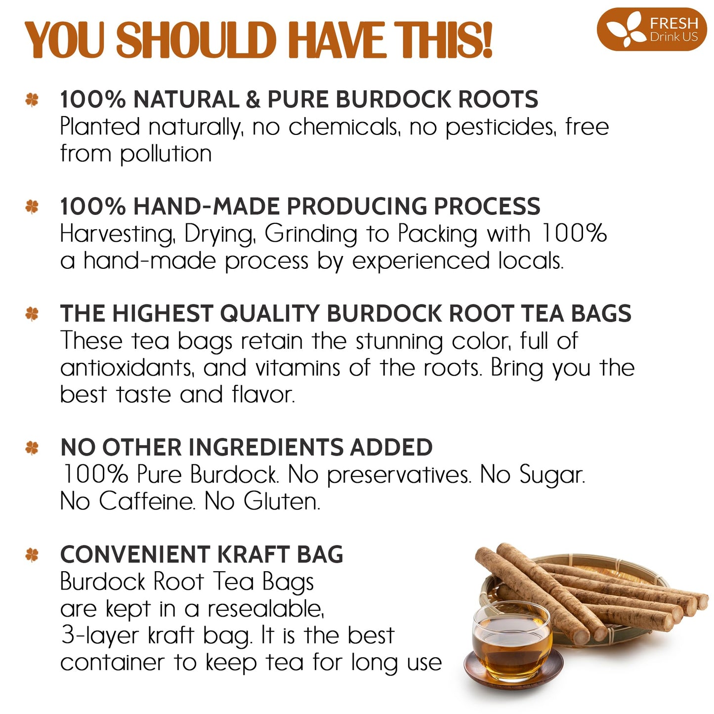 FRESHDRINKUS Burdock Root Tea Bags, 100% Natural & Pure, 75 Count, No Sugar, No Caffeine, Vegan
