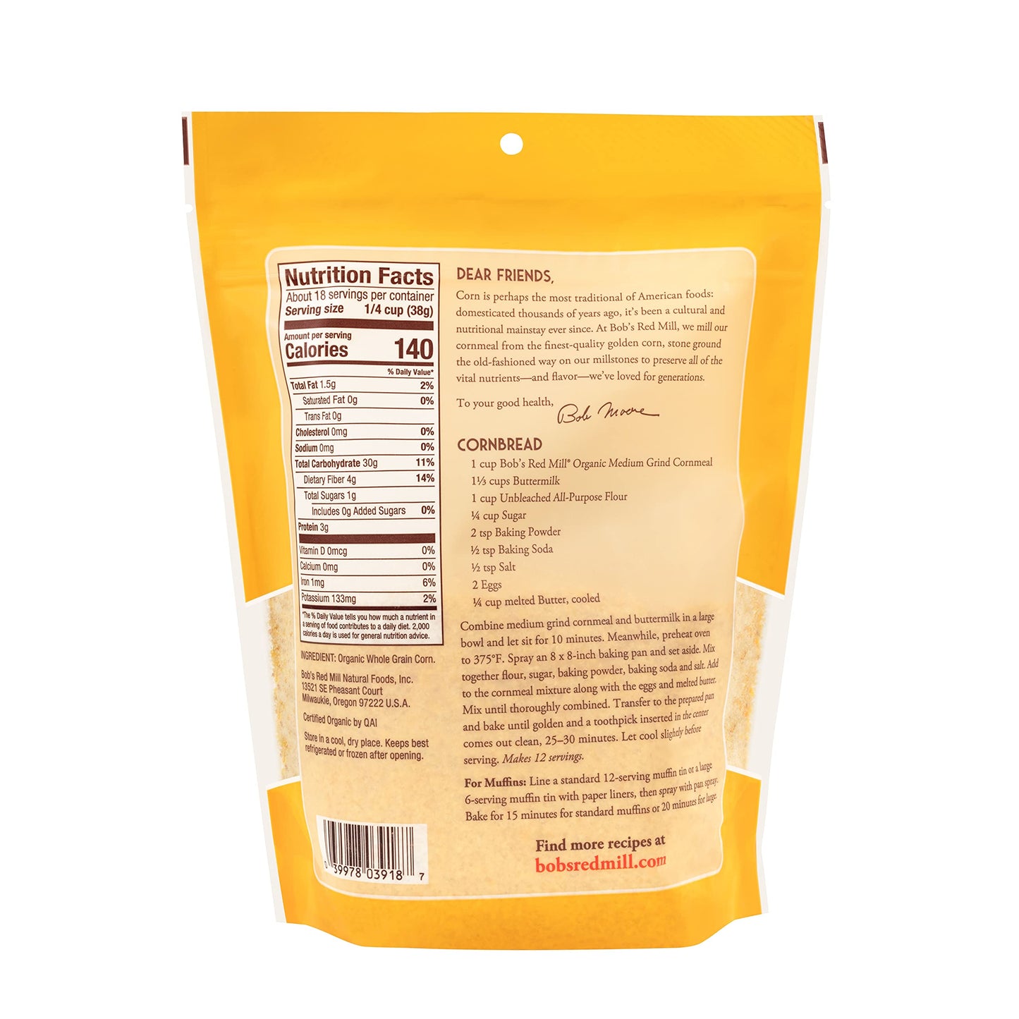 Bob'S Red Mill Organic Cornmeal Medium, 24 Oz, 2 Pk