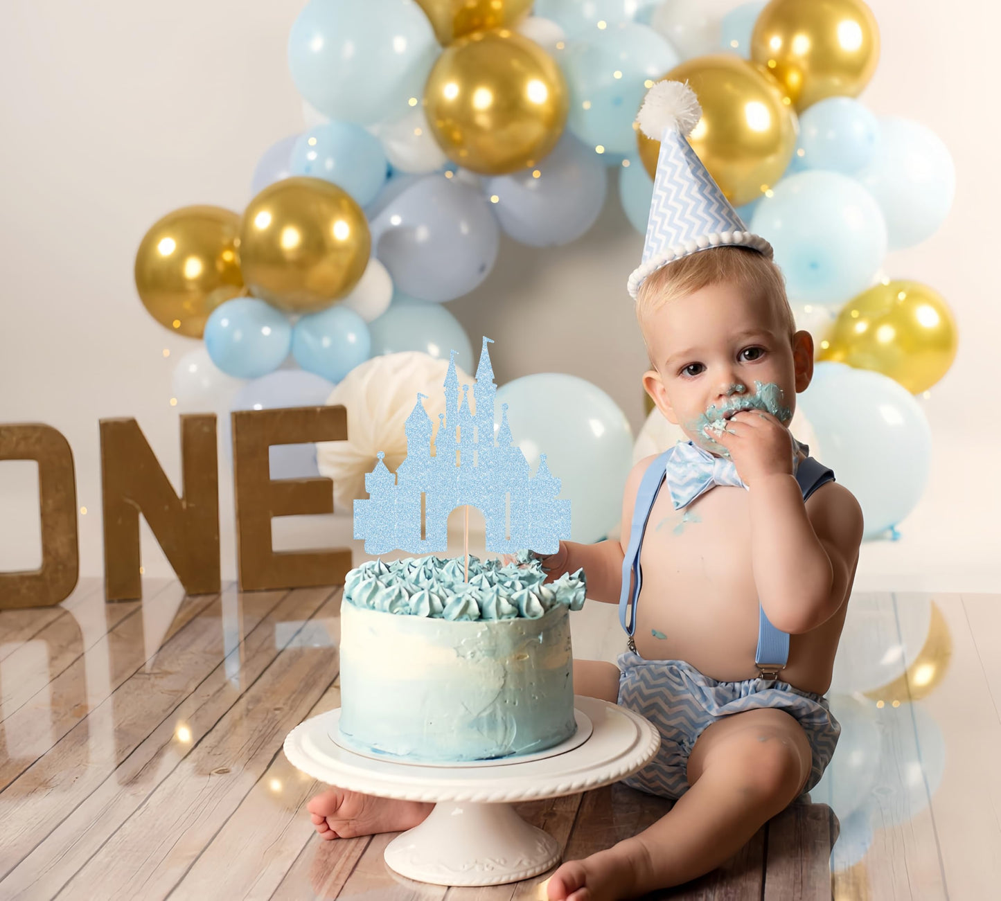 EONNCNT Castle Cake Topper - Light Blue Glitter Cardboard Decoration, 6.3 x 8.7 inches, Birthday Party Supplies