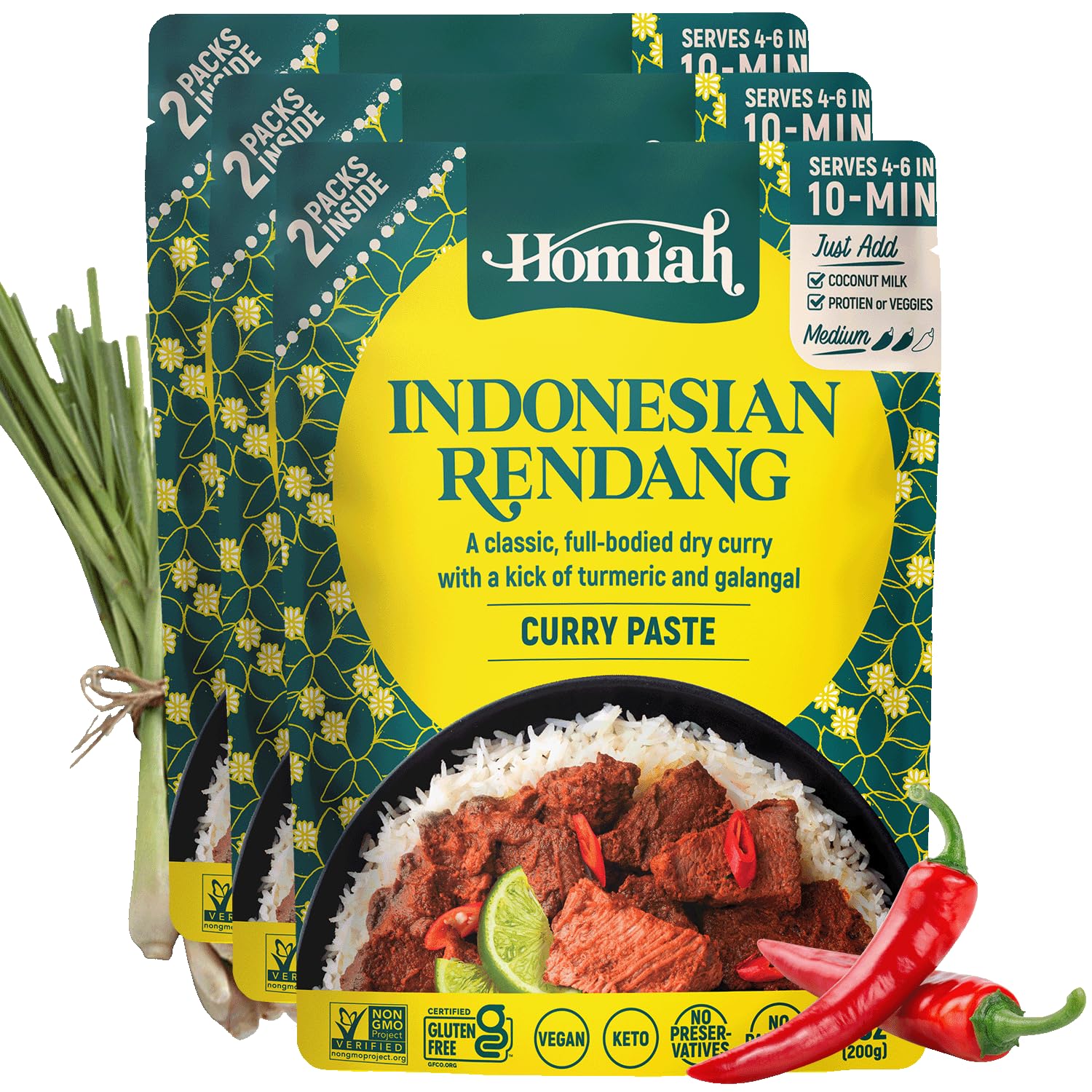 Homiah Rendang Curry Paste (Value 3 Pack X 7 Oz) - Gluten Free Non-Gmo Malaysian Curry Paste - Vegan Rendang Curry Paste Thai Es