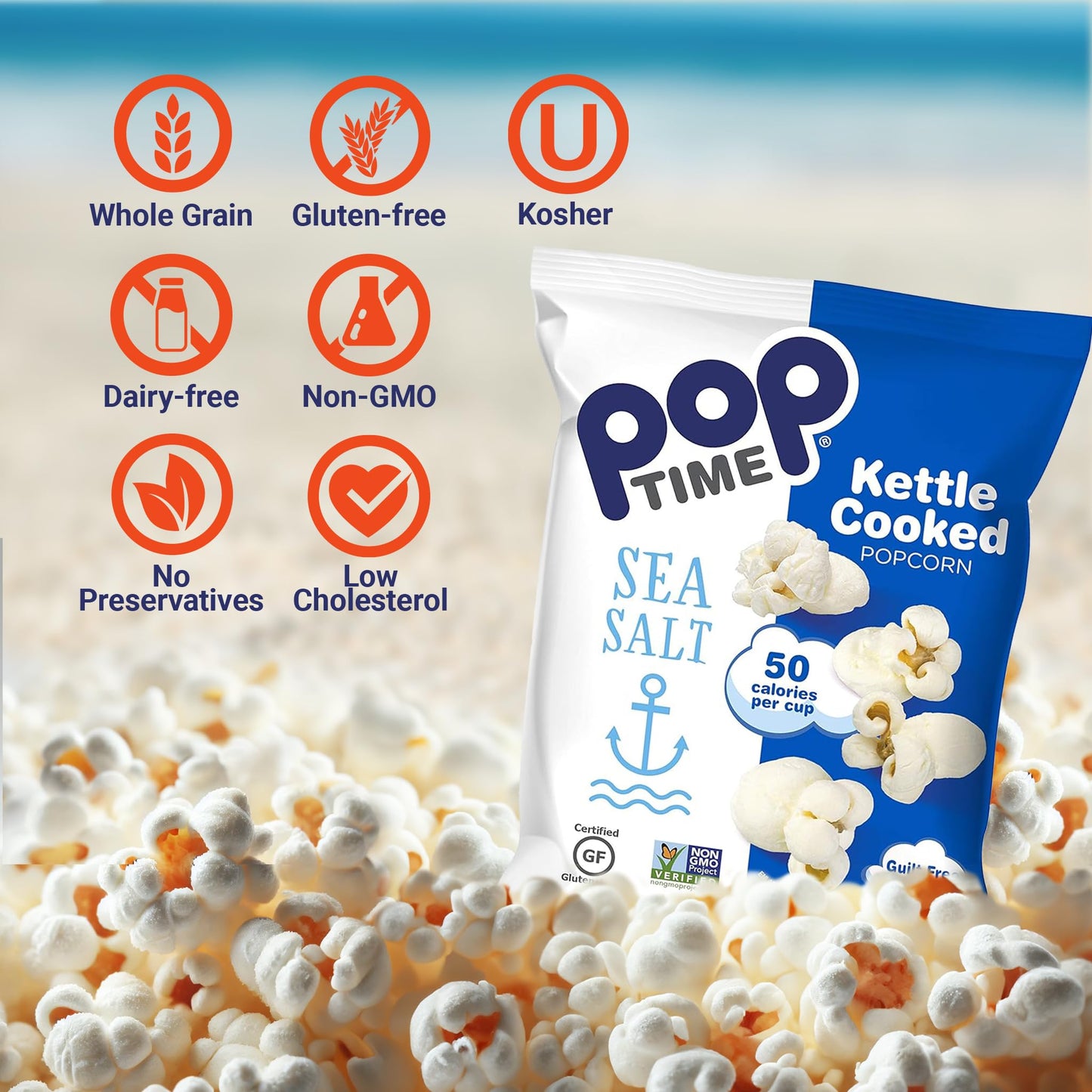 Poptime Sea Salt Popcorn Bags Individual Servings - Gourmet Popcorn Individual Bags, Healthy Snack Popped With Heart-Healthy Avo