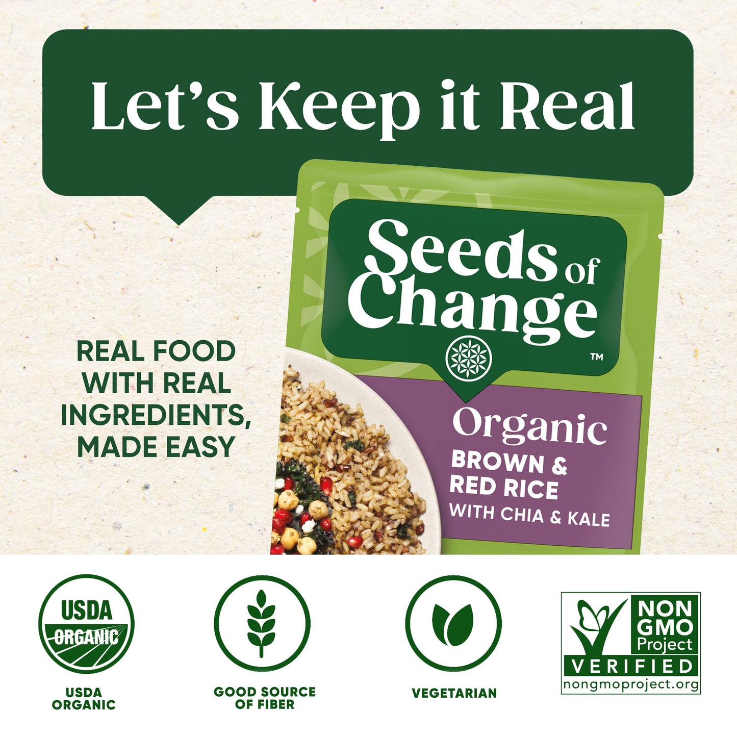 SEEDS OF CHANGE Certified Organic Brown & Red Rice with Chia & Kale, Organic Food, 8.5 OZ Pouch - Pack of 12