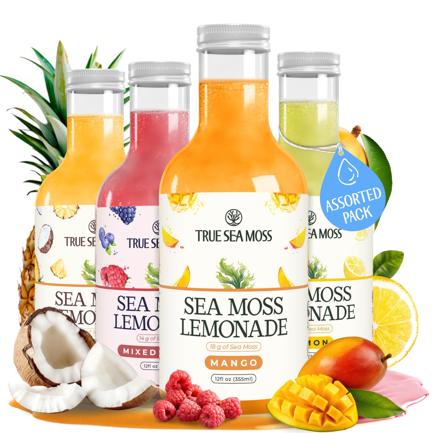 True Sea Moss Lemonade Variety Pack - 4 Flavors (Lemon  Mango  Berry  Pina Colada) - Mix of Classic & Electrolyte Formulas - 4 ? 12 fl oz - Made in USA