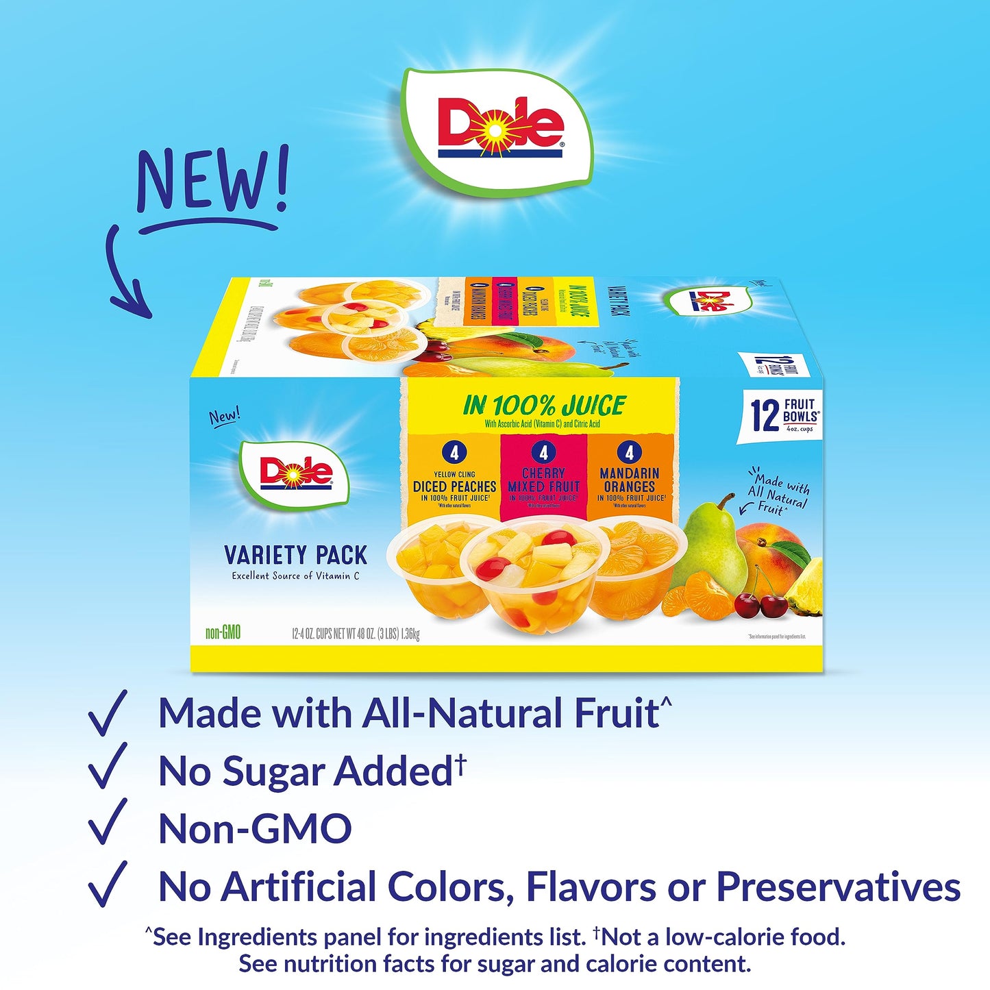 Dole Fruit Bowls In 100% Juice Variety Pack Snacks, Peaches, Cherry Mixed Fruit, Mandarin Oranges, 4Oz 12 Total Cups, Gluten & D