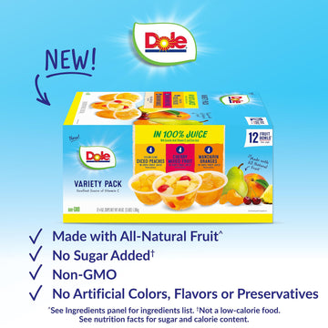 Dole Fruit Bowls In 100% Juice Variety Pack Snacks, Peaches, Cherry Mixed Fruit, Mandarin Oranges, 4Oz 12 Total Cups, Gluten & D