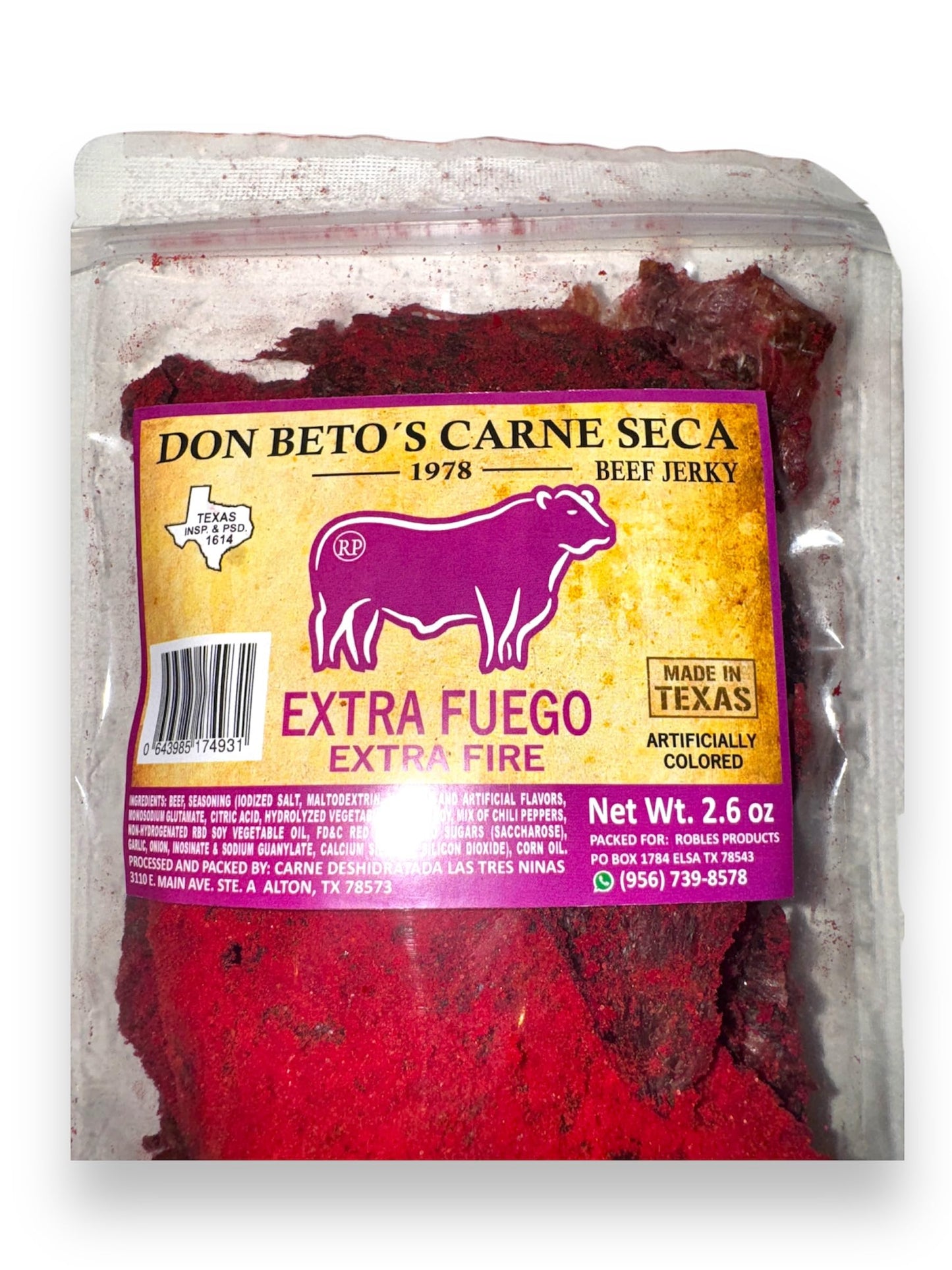 Don Betos Extra Fuego Beef Jerky  Texas Made  Extra Spicy  2.6 oz