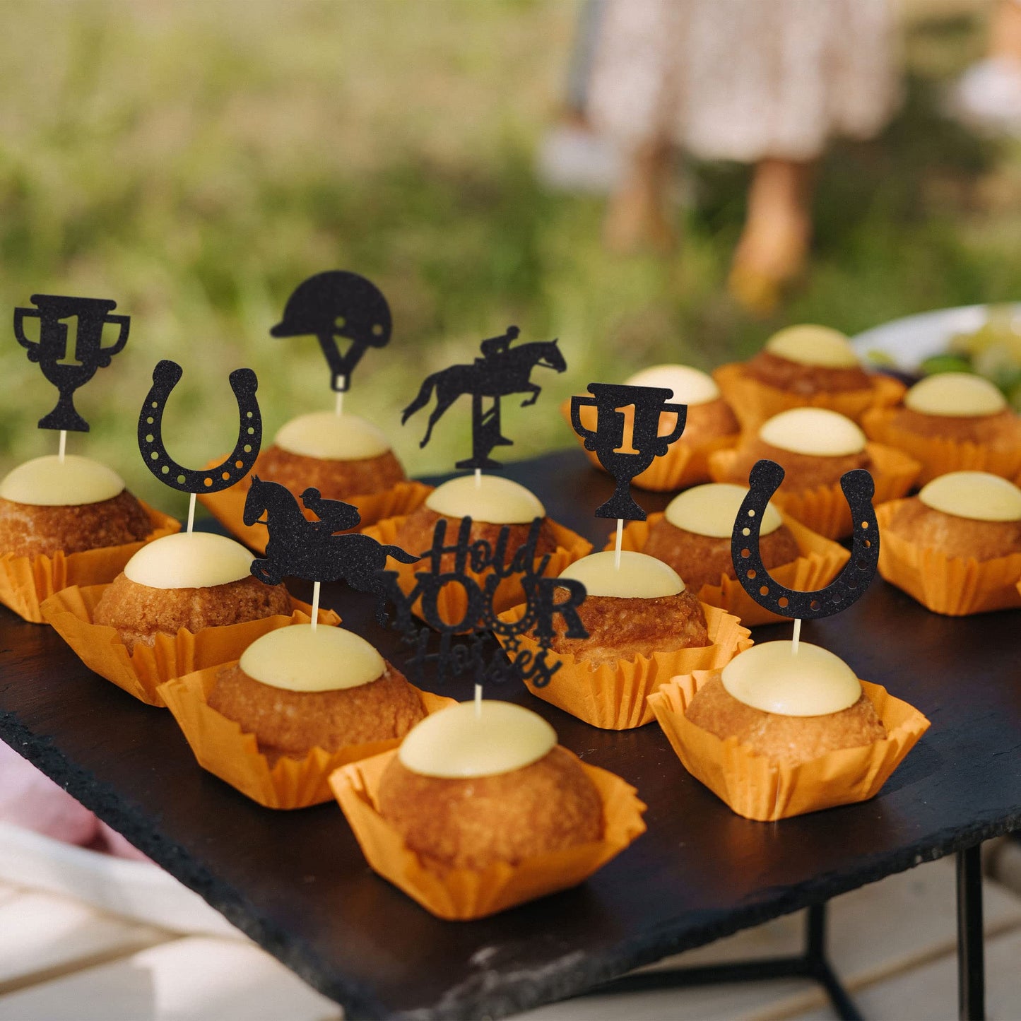 Gyufise 24Pcs Kentucky Derby Cupcake Toppers Black Glitter Equestrian Horse Cake Decorations Horse Cupcake Picks For Sports Eque