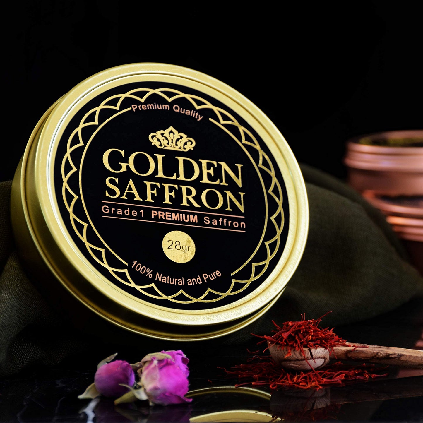 Golden Saffron, Finest Pure Premium All Red Saffron Threads, Grade A+ Super Negin, Non-Gmo Verified. For Tea, Paella, Rice, Desserts, Golden Milk And Risotto (28 Grams)
