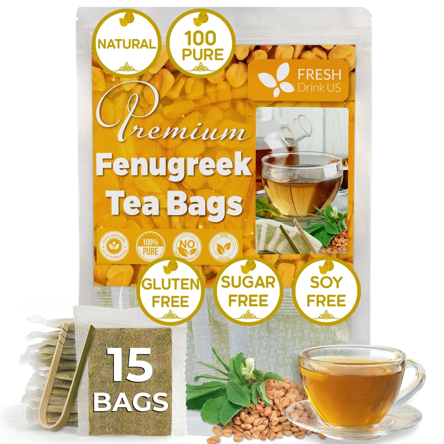 FRESHDRINKUS Fenugreek Herbal Tea - 100% Natural, Vegan, 15 Tea Bags
