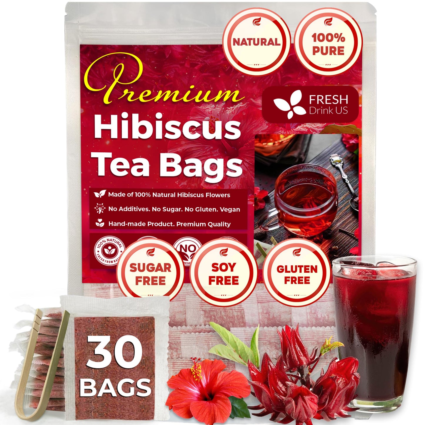 FRESHDRINKUS Premium Hibiscus Flower Tea Bags, 100% Natural, 30 Bags, Vegan, No Caffeine, No Sugar, Gluten-Free