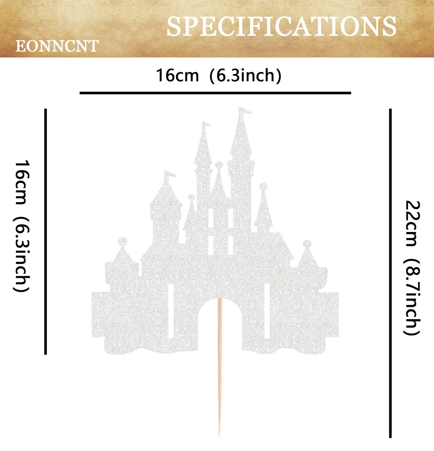EONNCNT Castle Cake Topper - Silver Glitter Cardboard, 6.3 x 8.7 inches, Birthday Party Supplies, Baby Shower Decor