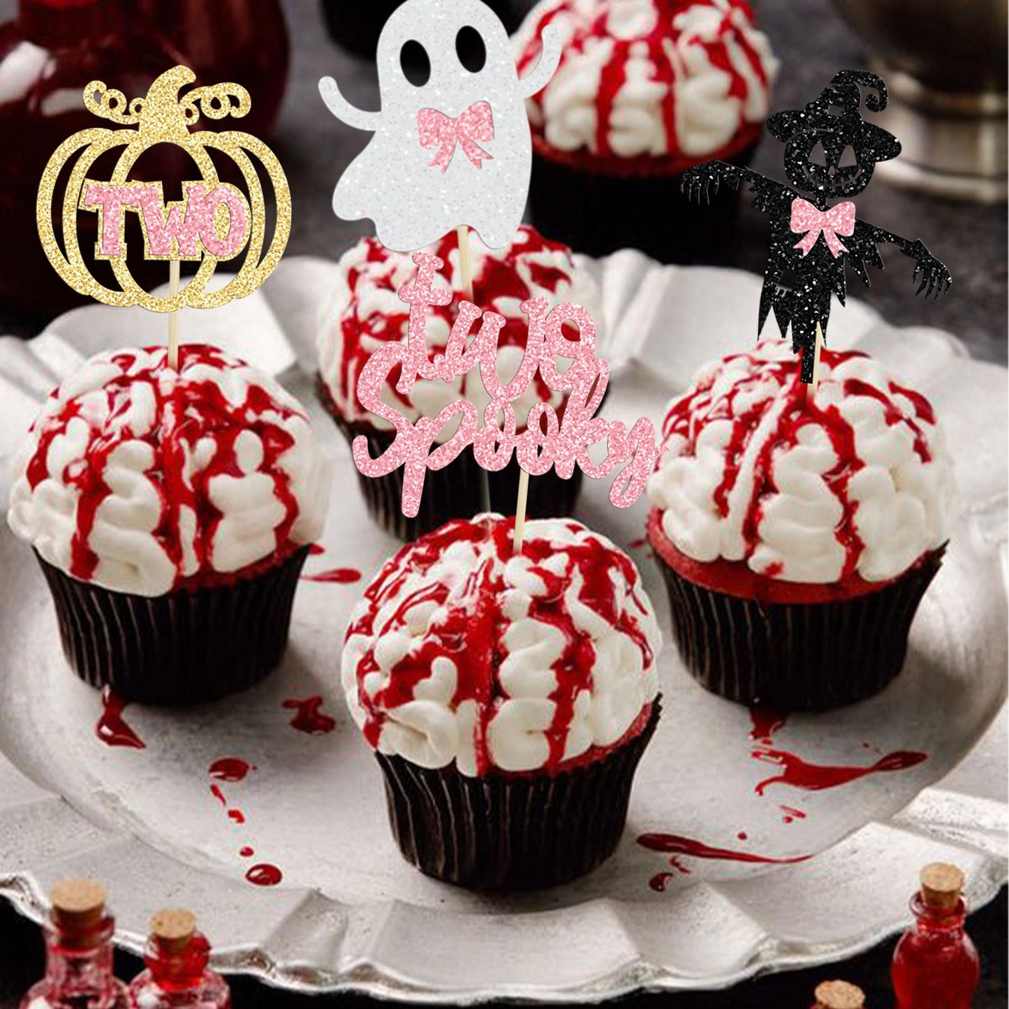 Gyufise 24Pcs Halloween Two Spooky Cupcake Toppers Pink Glitter Ghost Pumpkin Cupcake Picks Girl Spooky Halloween Cake Decoratio