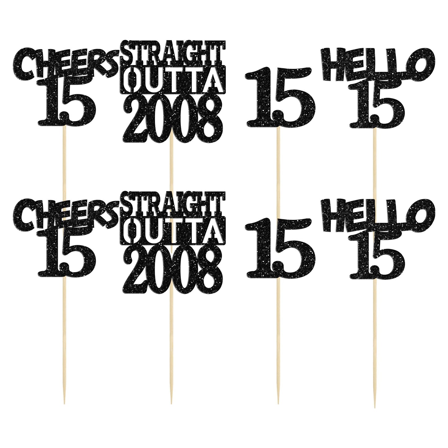 Gyufise 24Pcs Straight Outta 2008 Cupcake Toppers Glitter Fifteen Happy 15th Cupcake Picks Cheers to 15 Years Birthday Cake Deco
