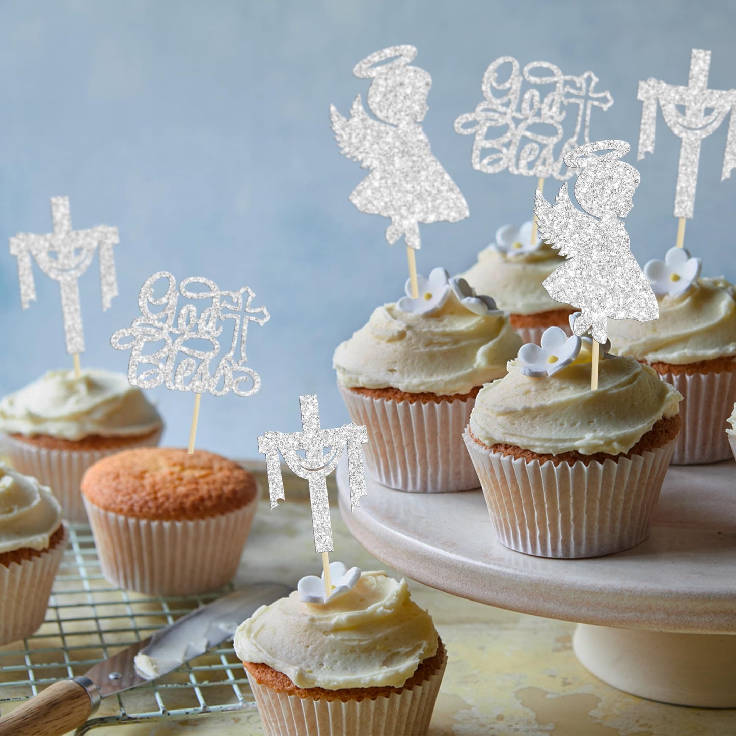 Gyufise Cupcake Toppers - 24Pcs Glitter Cross for Baptism and First Communion, Silver, Paper