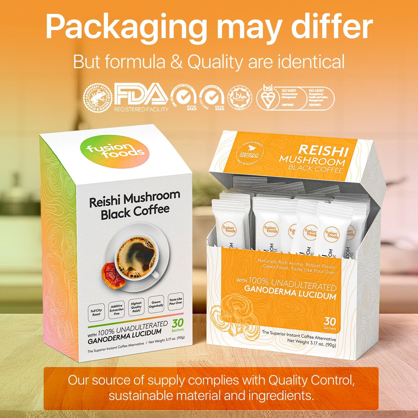 Reishi Mushroom Black Coffee By Fusion Foods™ | All Natural Unadulterated Reishi Mushroom Ganoderma | Robust Aroma & Taste - 30 Counts