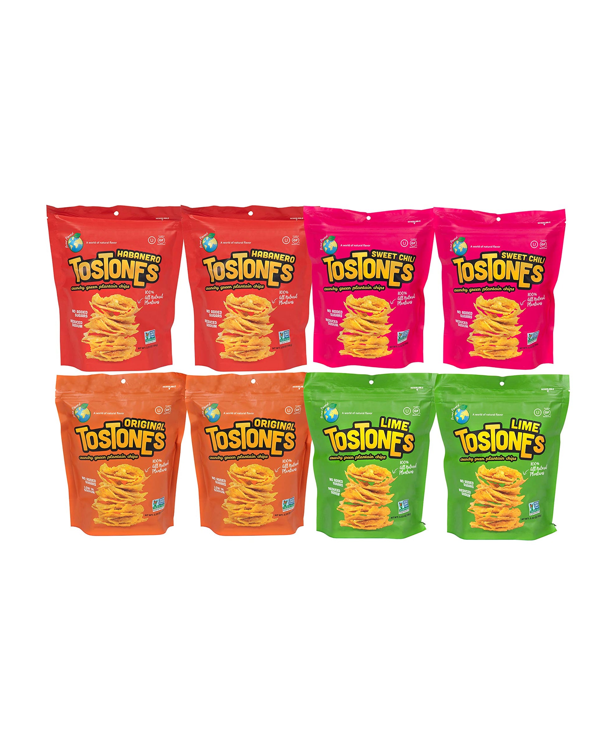 Tostones, 2 Of Each Flavor, 4 Total Flavors, Original, Lime, Habanero, Sweet Chili, Green Plantains, Crunchy Chips, Plantains, Palm Oil And Salt, 3.53 Oz Per Unit, 8 Pack,