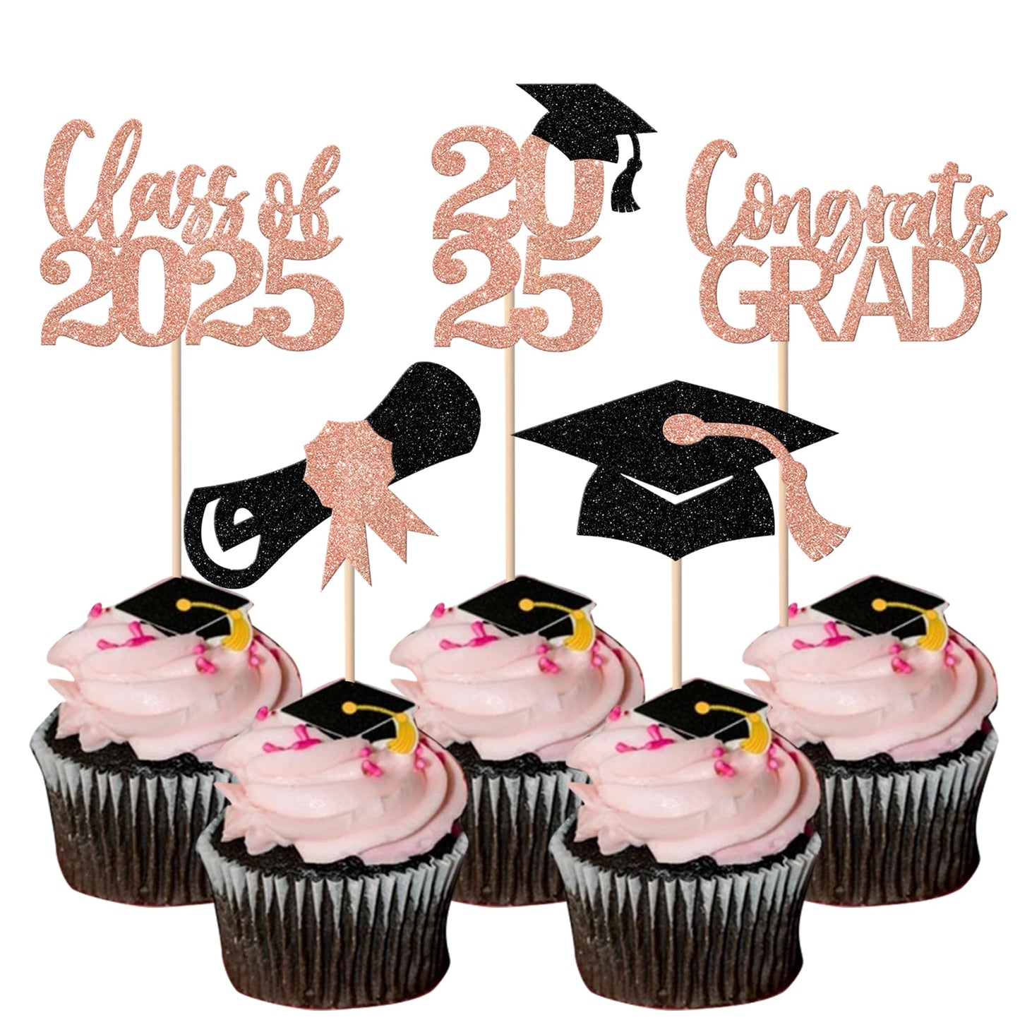 YCTHUNFISH 30 Pack Cupcake Toppers Rose Gold Glitter Graduation Class of 2025 Decorations