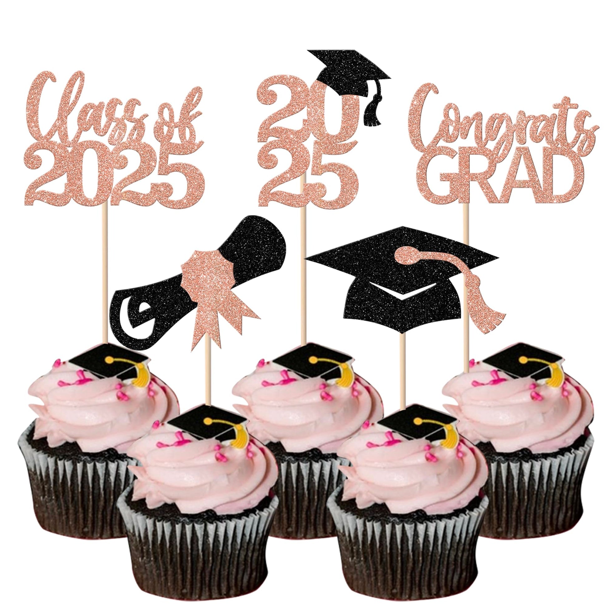 YCTHUNFISH 30 Pack Cupcake Toppers Rose Gold Glitter Graduation Class of 2025 Decorations