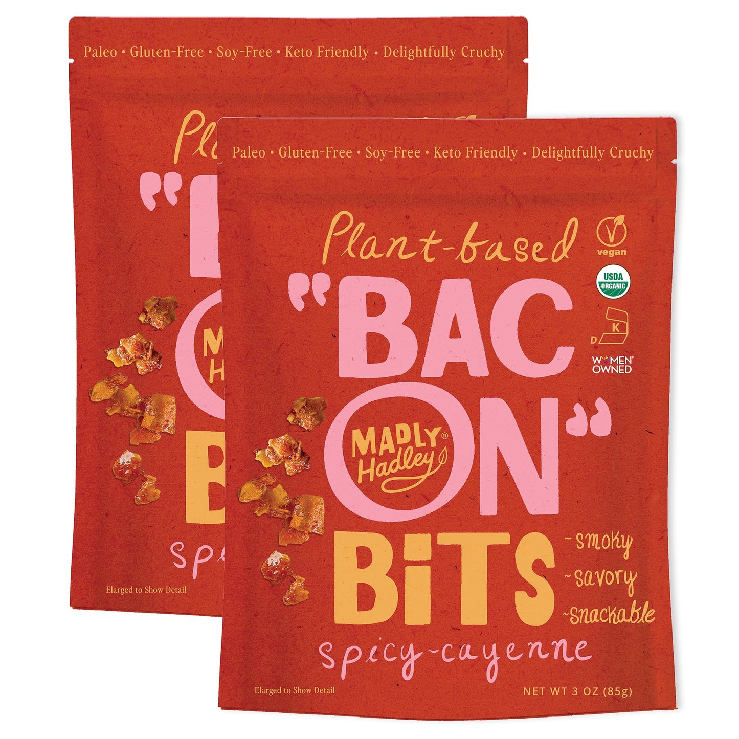 Madly Hadley Plant-Based Bacon Bits, Organic Vegan Snack, Keto-Friendly, Gluten-Free, 6 Oz (Pack of 2), Spicy Cayenne