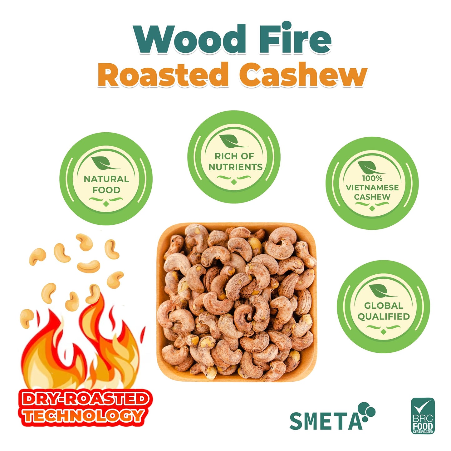 Hansia Wood Fire Roasted Cashew Snack, Oil-free, Whole Roasted, 1 Pound Pack