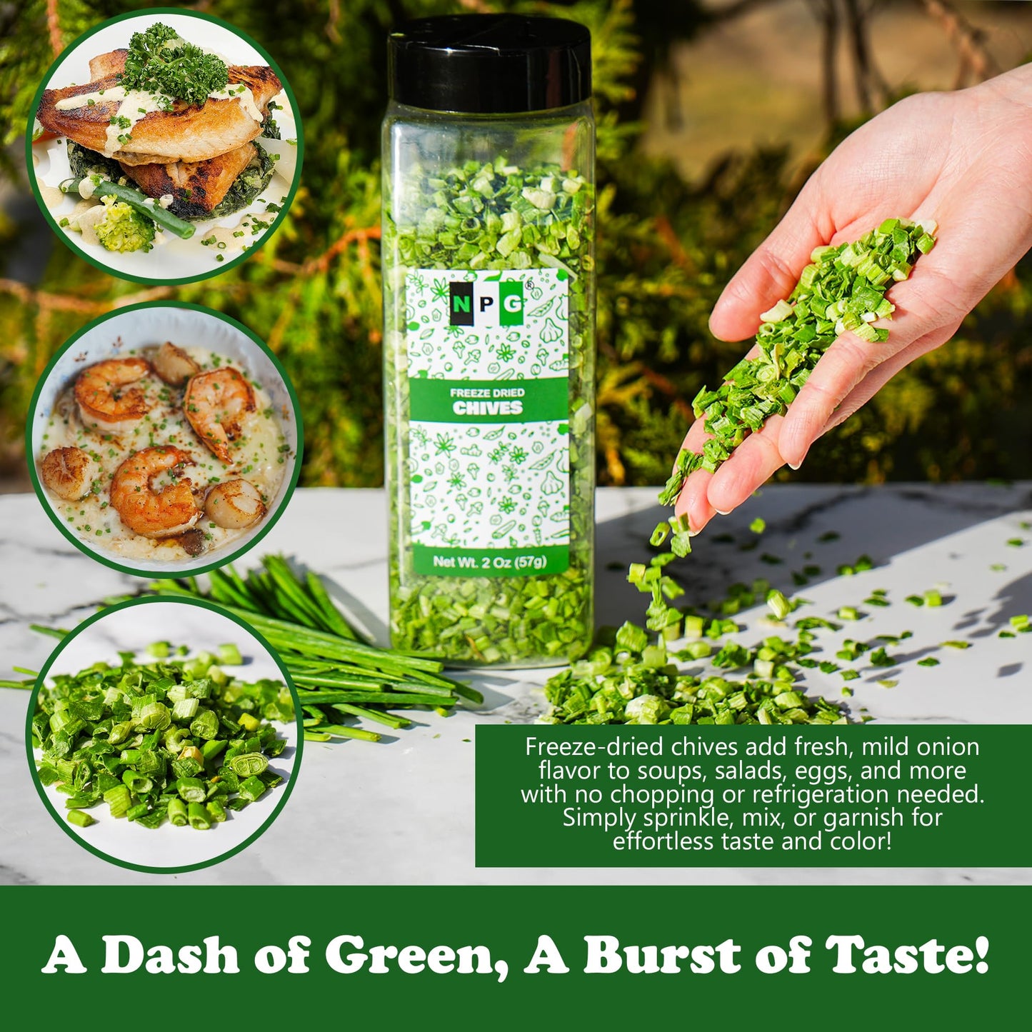 Npg Freeze-Dried Chives 2 Oz, Dehydrated Chopped Chives, Mild Onion Herb For Cooking, Soup, Ramen, Stir Fry & Garnish, Non-Gmo,