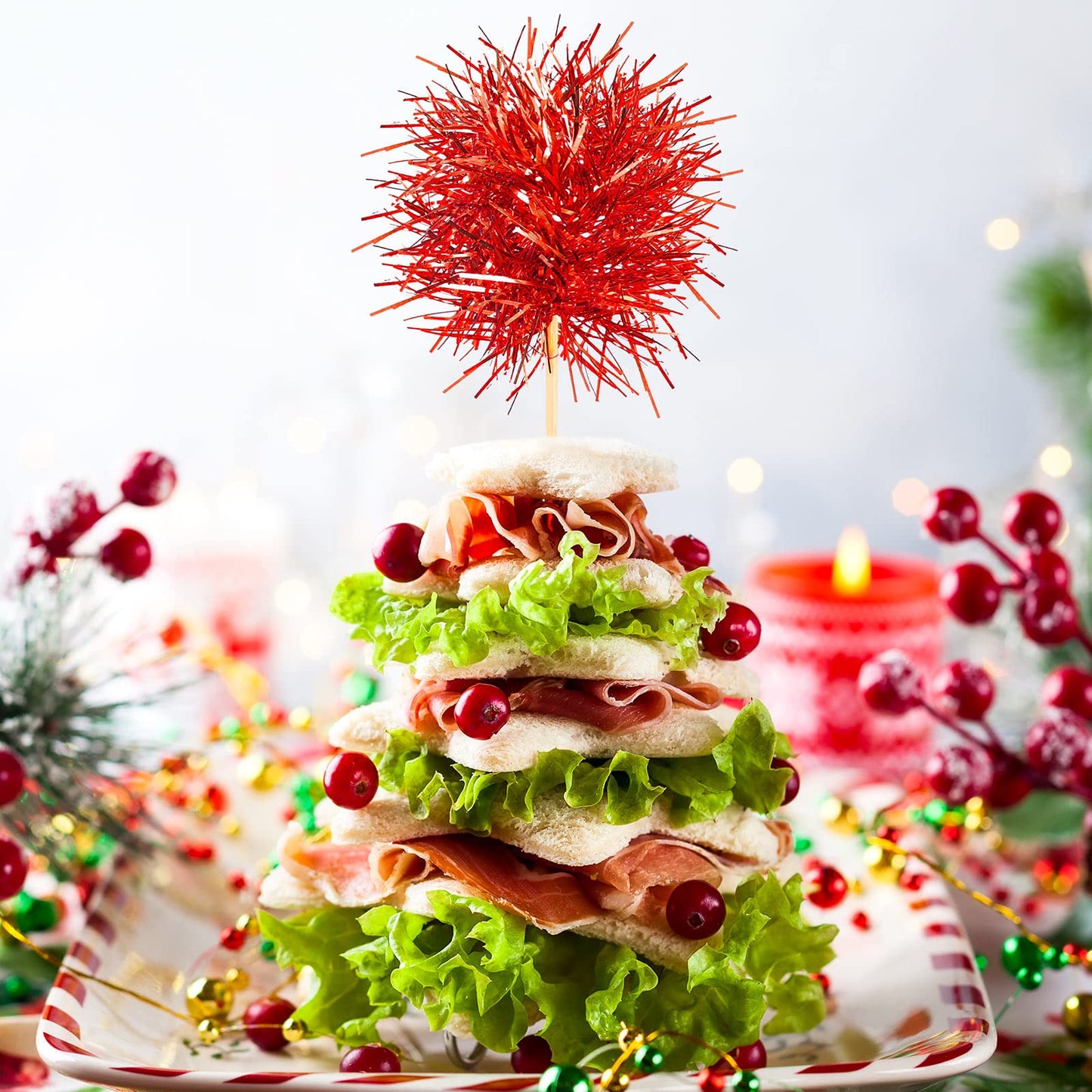 Chinco Foil Firework Cupcake Toppers, 100 Pcs, Wood, Silver/Red/Green, Model Chinco-8882