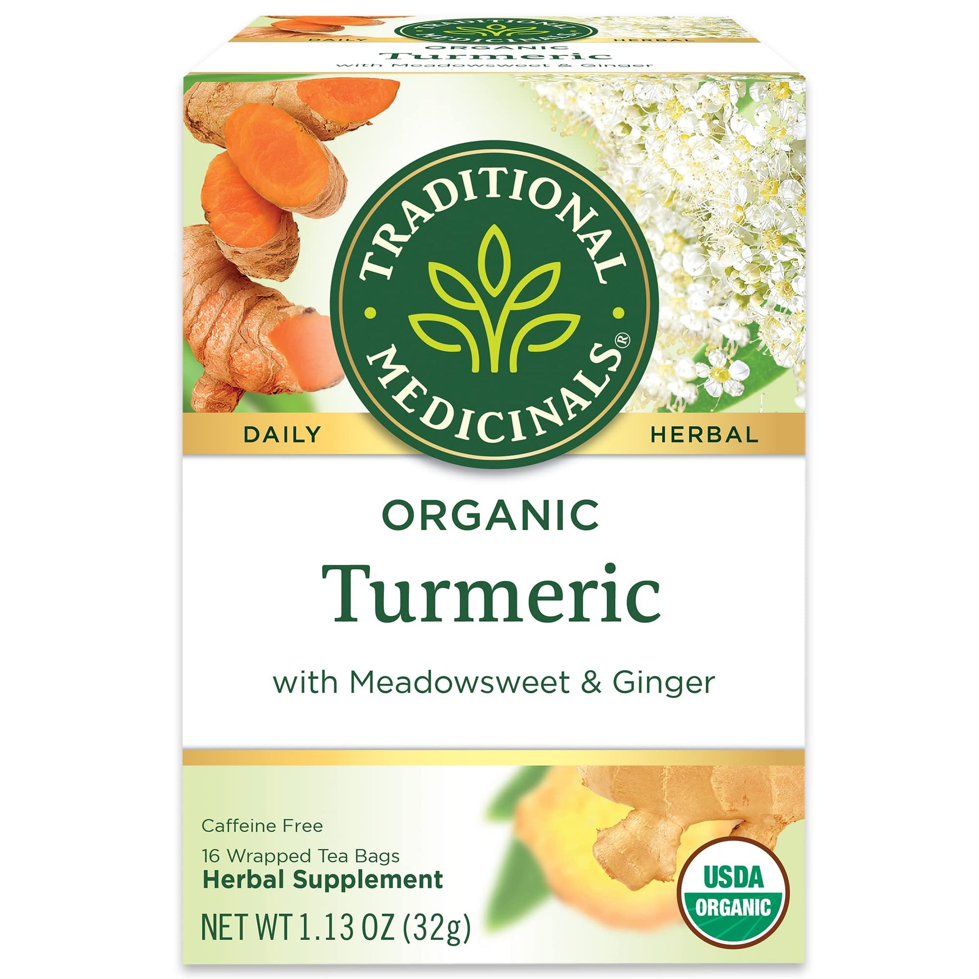 Traditional Medicinals Organic  Turmeric Tea with Ginger & Meadowsweet - Supports Normal Response to Inflammation - Kosher  Non-GMO  Caffeine-Free  Compostable - 16 Tea Bags