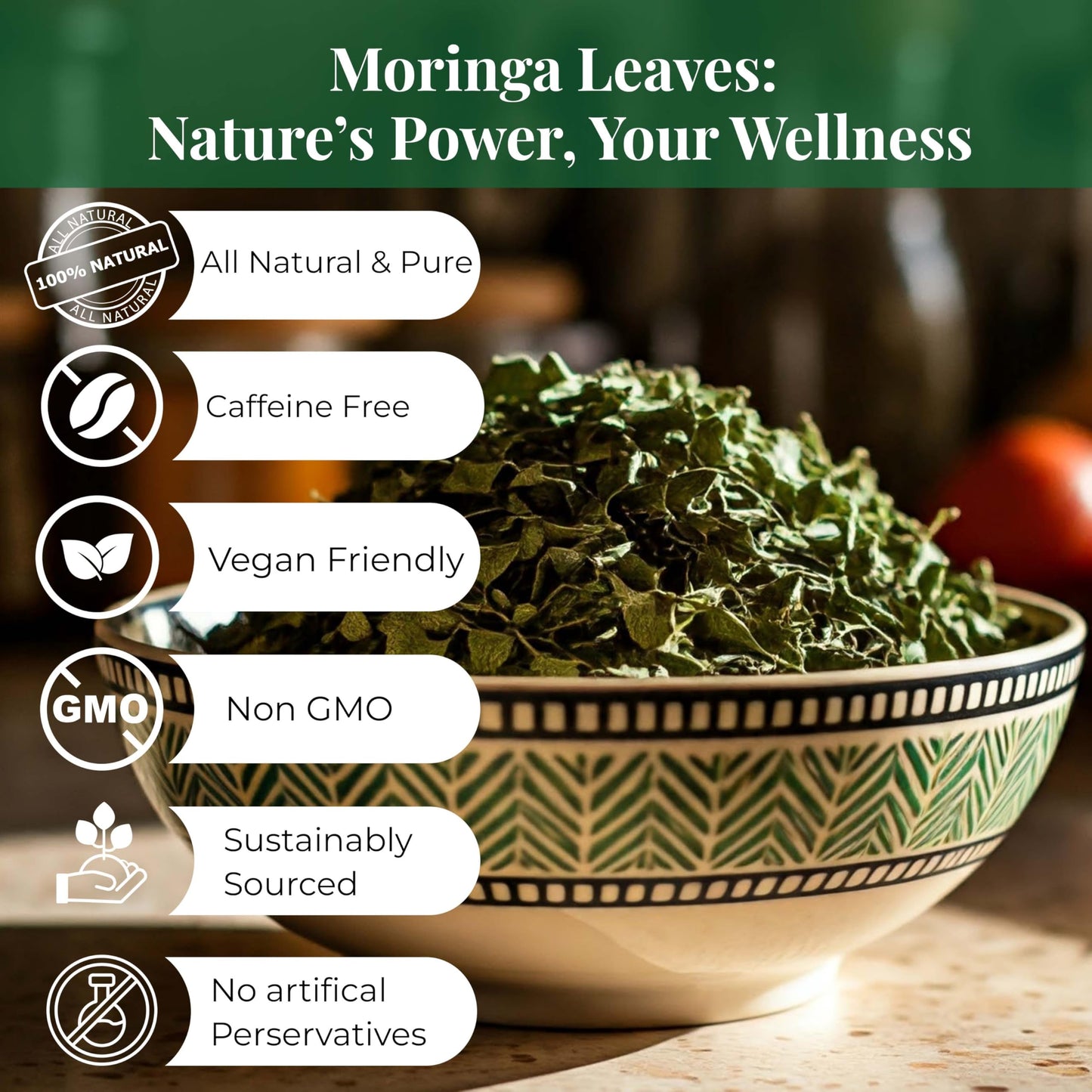 Akshit Moringa Leaves, Dried Loose Leaf Tea, Non-GMO, 2.6 oz