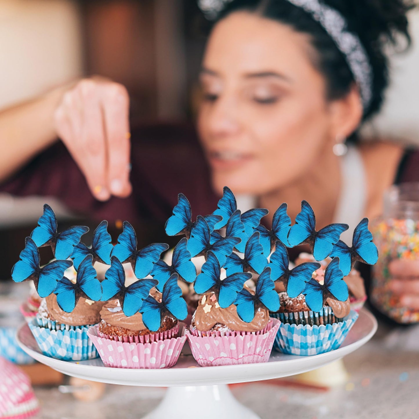 Rssta i 48 Pack Wafer Paper Butterflies Cupcake Toppers, Edible Decorations, Deep Blue