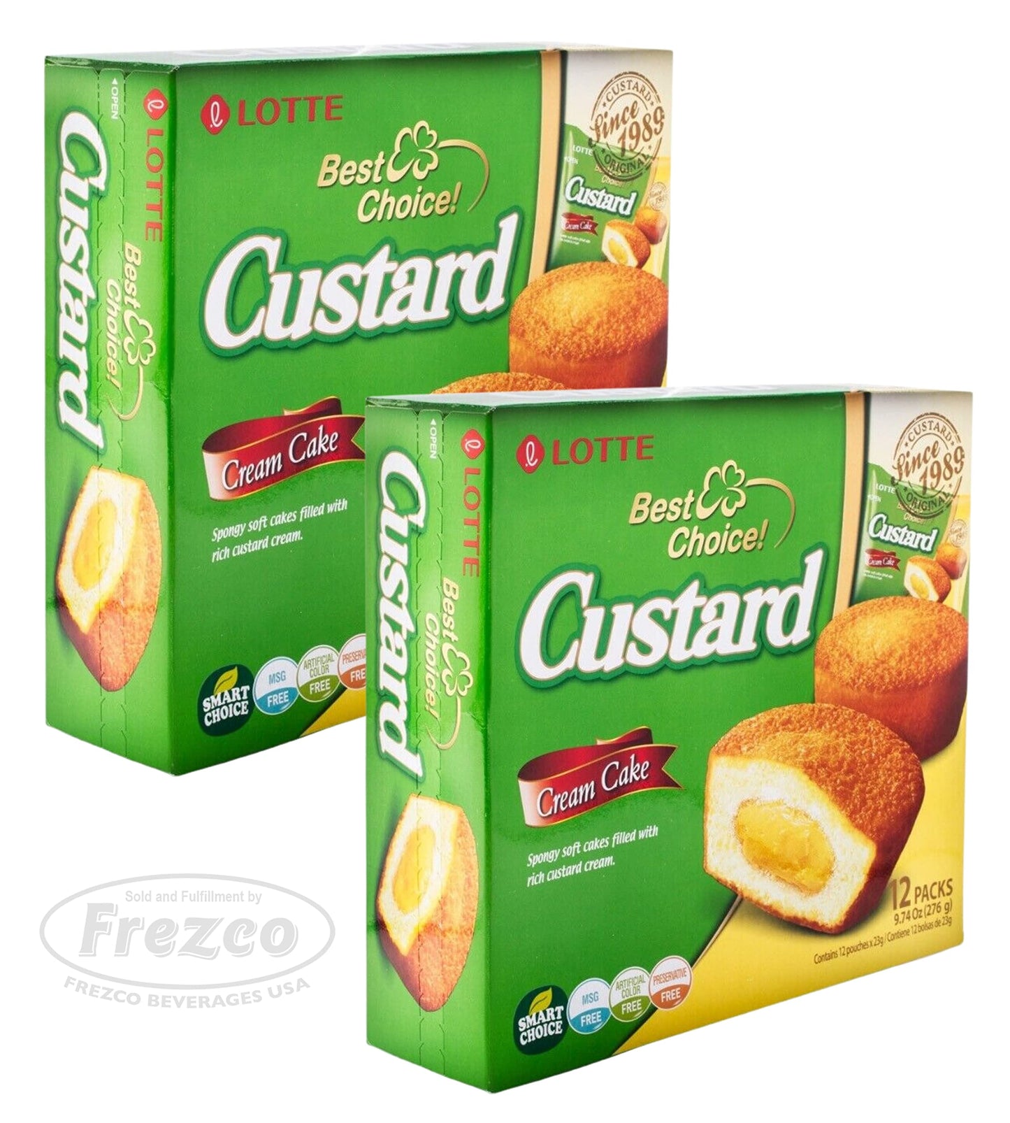 Lotte Custard Cream Cake Snack, 12 Individually Wrapped, 1.62 Ounce Each, Total 19.48oz, 2 Pack