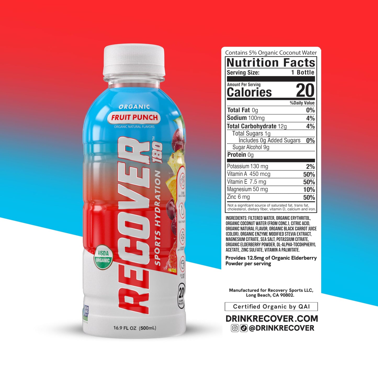 RECOVER 180 Organic Sports Hydration Drink, No Sugar, 15 Cal, Fruit Punch, 16.9 Fl Oz (Pack of 12)