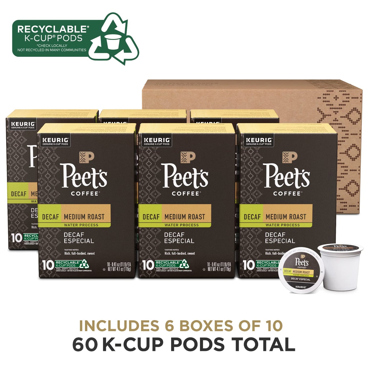 Peets Coffee Medium Roast Decaf K-Cup Pods - 60 Count (6 Boxes of 10 Pods) - Decaf Especial
