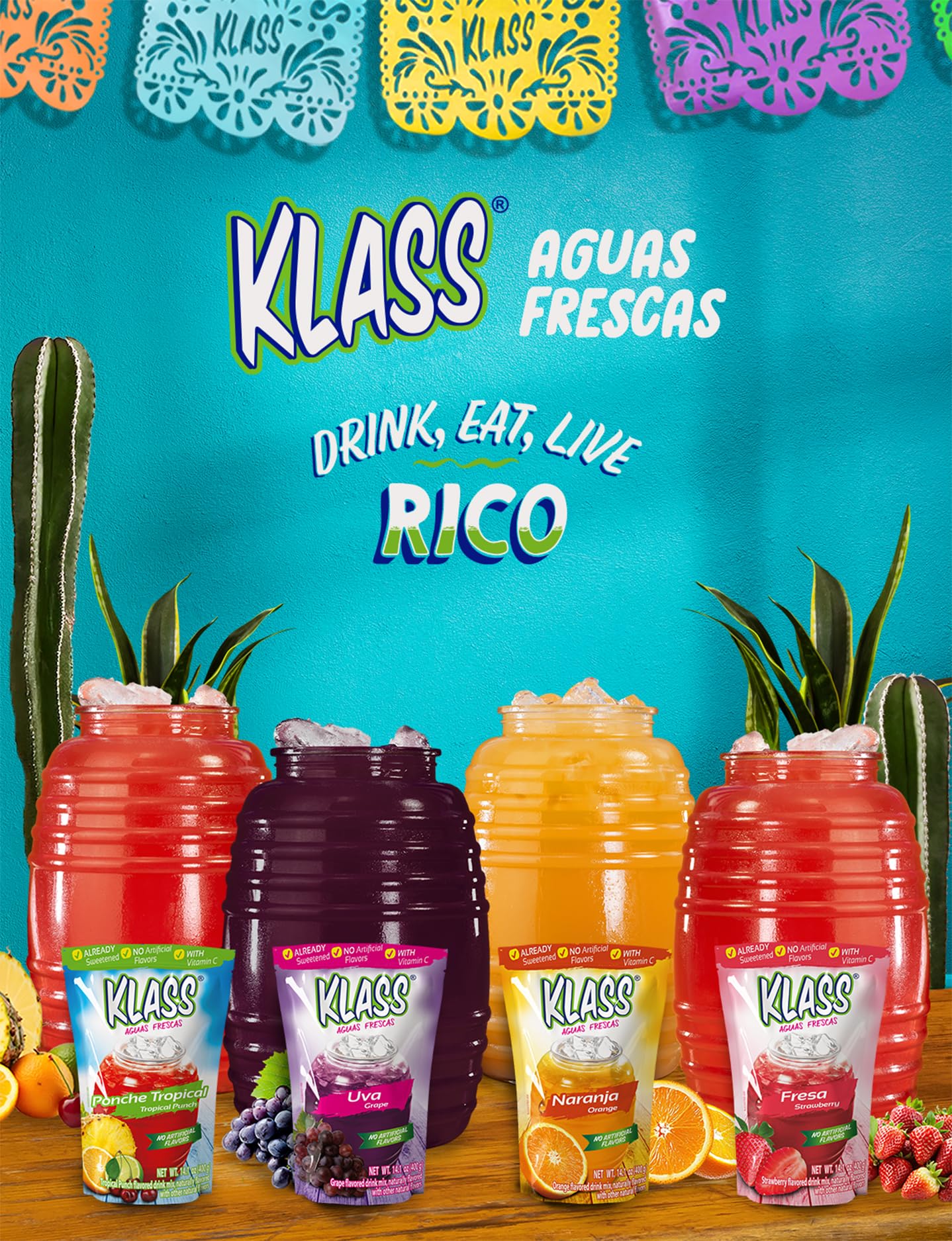 Klass Aguas Frescas Drink Mix Tropical Variety Pack; Strawberry, Grape, Tropical Punch & Orange, Natural Flavors, With Vitamin C