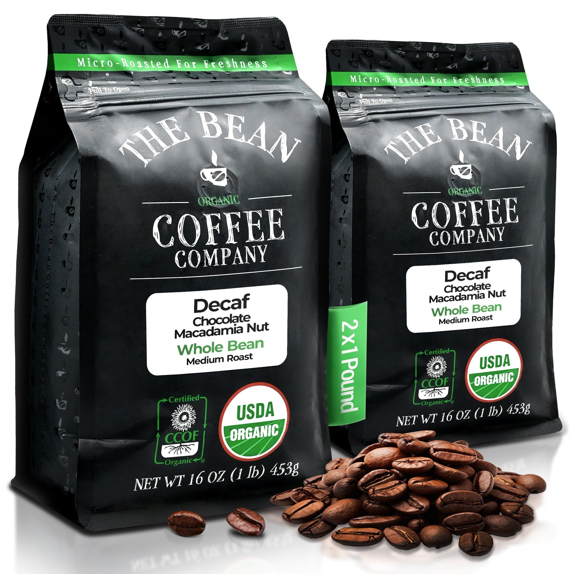 The Bean Organic Coffee Company Water Processed DECAF Chocolate Macadamia Nut, Medium Roast, Whole Bean Coffee, 16-Ounce Bags (P