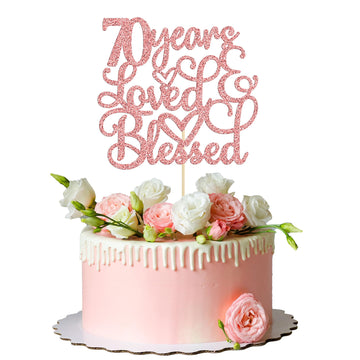 Gyufise 1Pc Rose Gold Glitter 70 Years Love And Blessed Cake Topper Cheers To 70 Years Happy 70Th Cake Topper 70Th Birthday Wedd