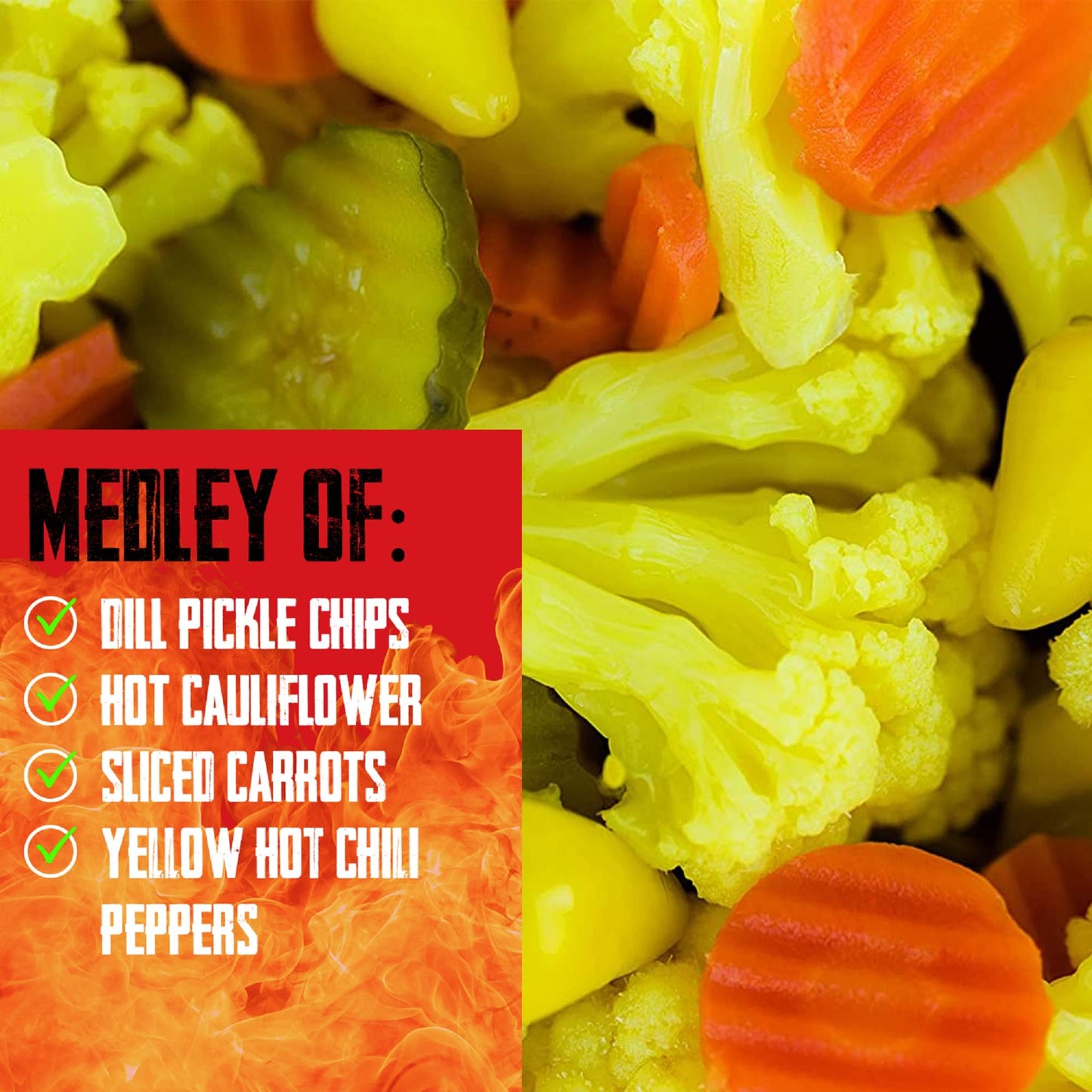 So Hot Mix-Spicy Pickled Cauliflower Florets Spicy Sliced Carrots Sliced Pickles And Yellow Hot Chilis A Vegan Snacks A Bulk 1 G