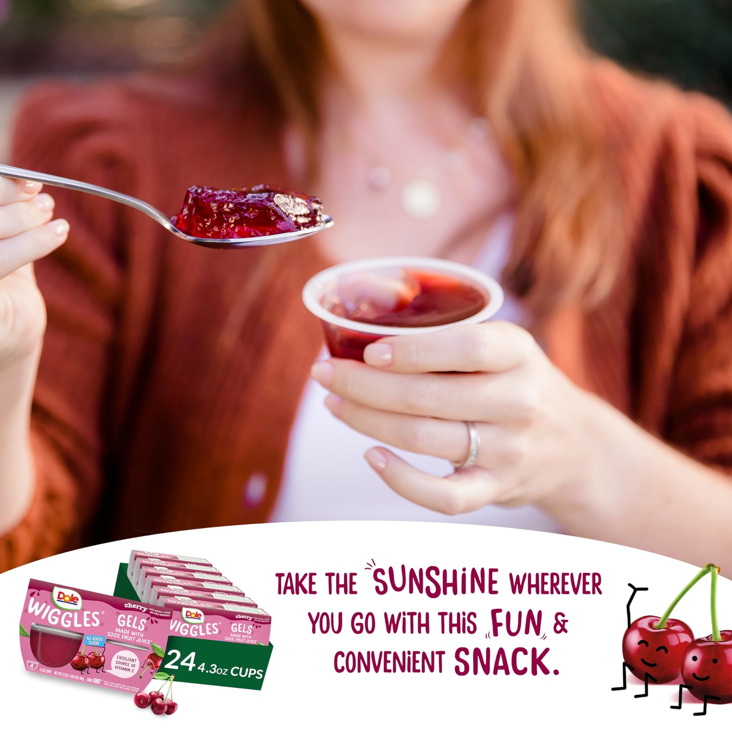 Dole Wiggles No Sugar Added Cherry Fruit Juice Gel Snacks, 4.3oz 24 Total Cups, Gluten & Dairy Free, Bulk Lunch Snacks for Kids