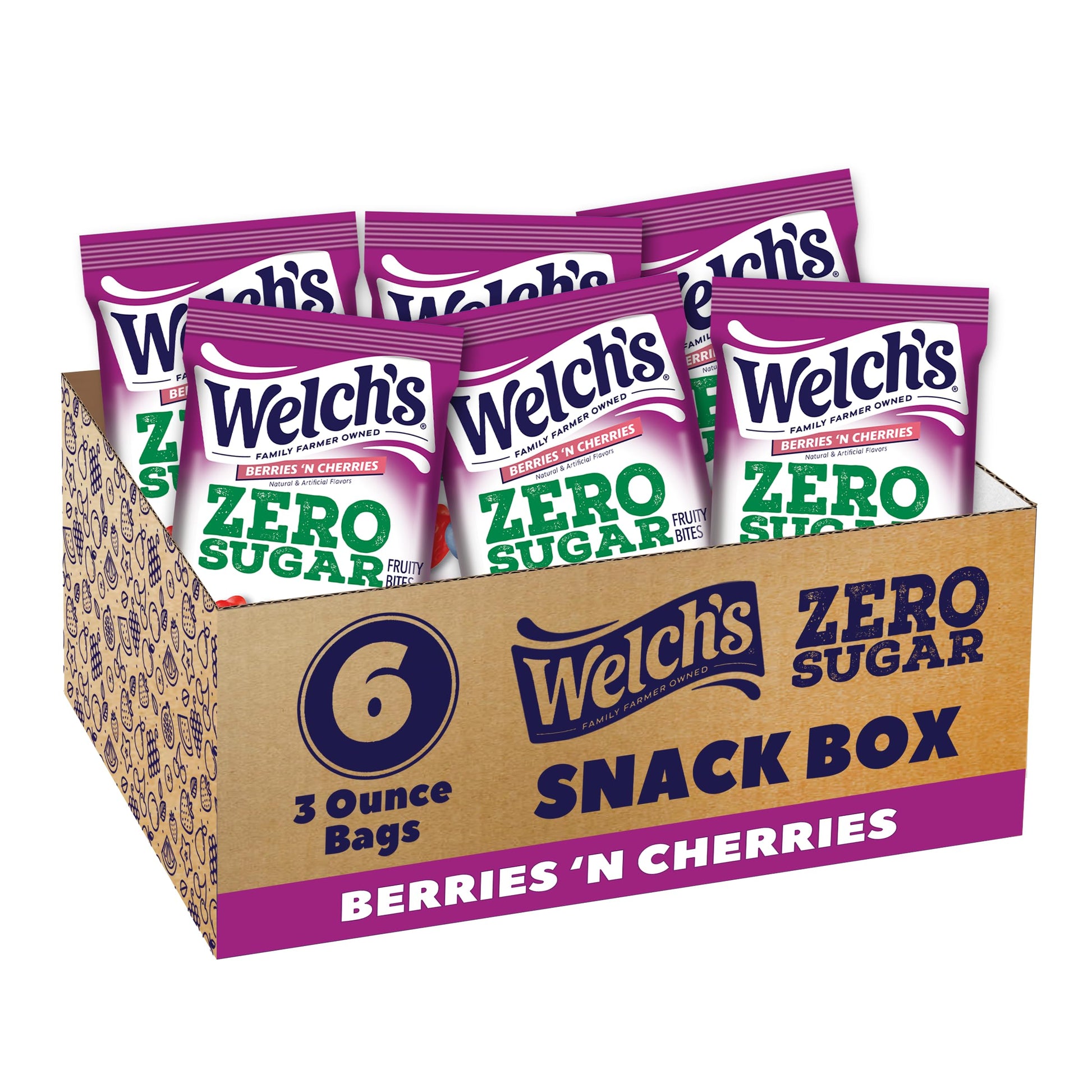 Welchs Zero Sugar Fruity Bites, Berries n Cherries Snack Box, Gluten Free & Sugar Free Snacks, 3oz Snack Packs (Pack of 6)